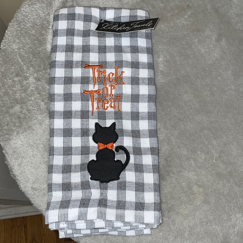 Set of TWO Trick or Treat Black cat Halloween dish towels NWT